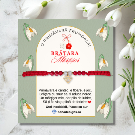 Bratara Martisor cu diamant placat cu aur 18K, margele cristal alb rosu, snur macrame rosu [1]