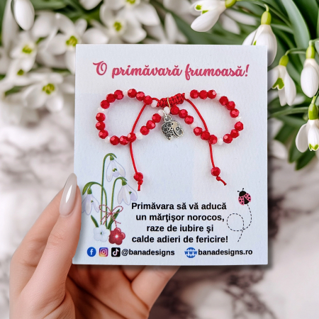 Bratara Martisor cu elefant, cristale rosii si albe