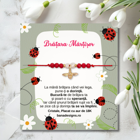 Martisoare - Bratara Martisor cu albinuta placata cu aur si cristale alb si rosu