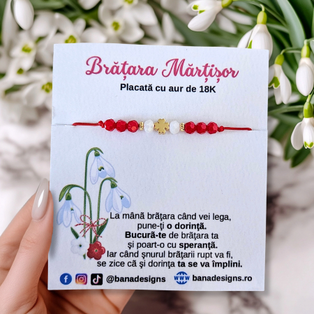 Bratari Martisor - Bratara Martisor cu trifoi si cristale rosii si albe, placata cu aur