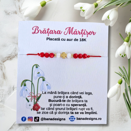 Bratara Martisor cu trifoi si cristale rosii si albe, placata cu aur [2]