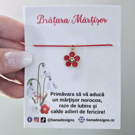 Bratara Martisor cu floare emailata cu emoticon, snur rosu ajustabil [2]