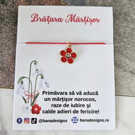 Bratara Martisor cu floare emailata cu emoticon, snur rosu ajustabil [3]