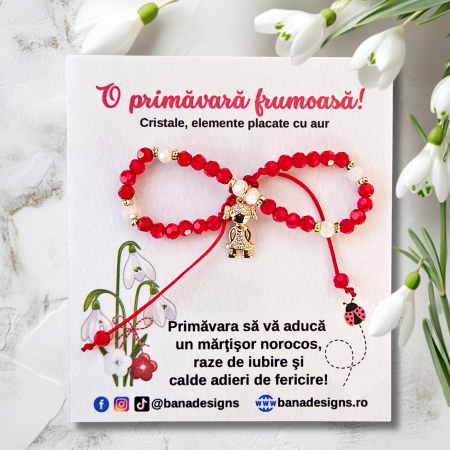 Bratari pentru EA - Bratara martisor cu fetita cristale rosii si margele texturate placate cu aur de 18K