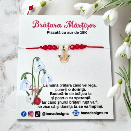 Bratari Martisor - Bratara Martisor cu coronita si cristale rosii si albe, placata cu aur