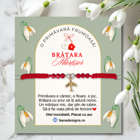 Martisoare - Bratara Martisor cu avion placata cu aur 18K, margele cristal alb rosu, snur macrame rosu