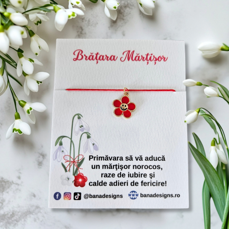Martisoare - Bratara Martisor cu floare emailata cu emoticon, snur rosu ajustabil