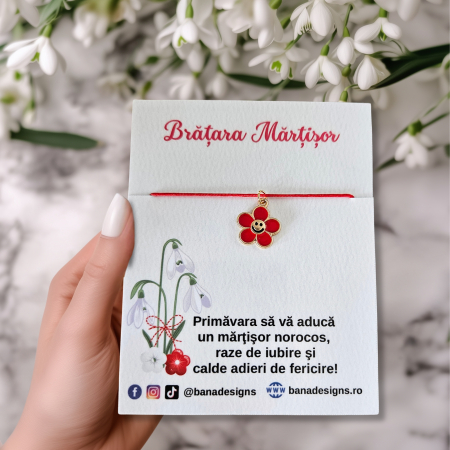 Bratara Martisor cu floare emailata cu emoticon, snur rosu ajustabil [1]