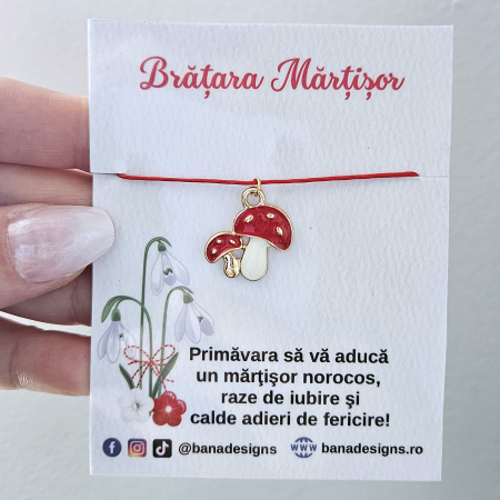 Martisoare - Bratara Martisor cu doua ciupercute emailate si snur rosu ajustabil