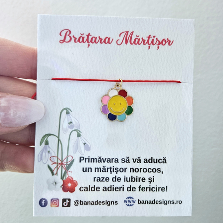 Martisoare - Bratara Martisor cu floare emailata multicolora, snur rosu ajustabil