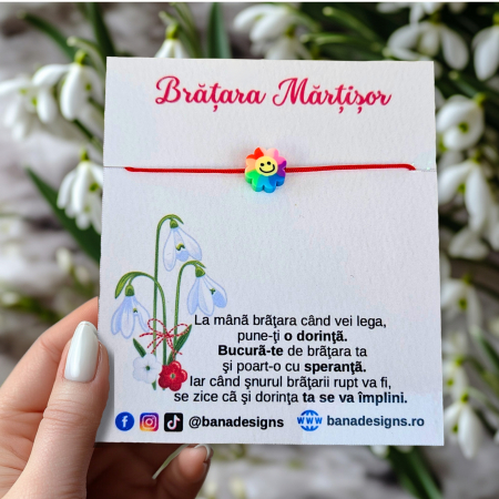 Martisoare - Bratara Martisor cu floare emoticon colorat si snur ajustabil