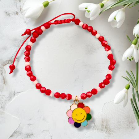 Bratara Martisor cu floricica multicolora emailata, cristale rosii si albe [2]