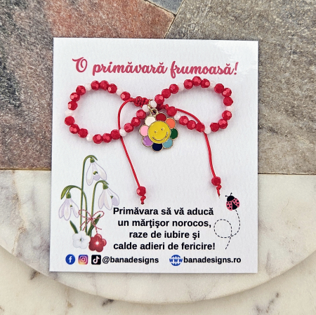 Bratara Martisor cu floricica multicolora emailata, cristale rosii si albe [4]