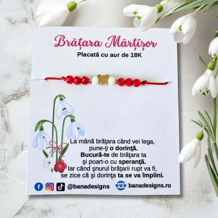 Bratari Martisor - Bratara Martisor cu ursulet si cristale rosii si albe, placata cu aur