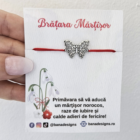 Martisoare - Bratara martisor cu fluturas filigranat si cu snur ajustabil rosu