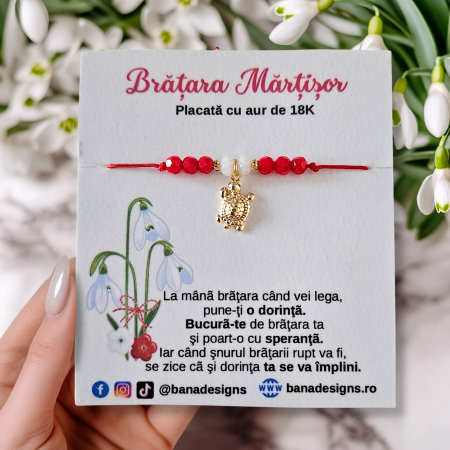Bratari Martisor - Bratara Martisor cu broscuta testoasa si cristale rosii si albe, placata cu aur