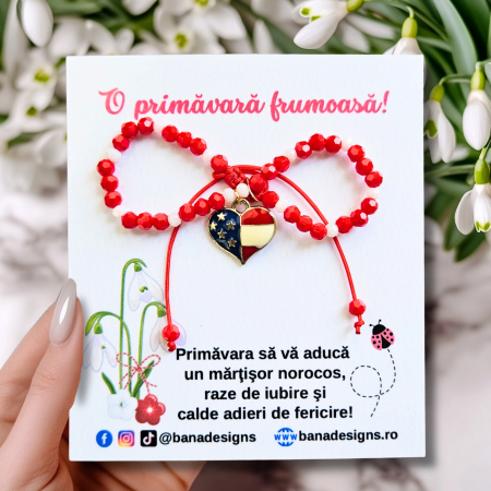 Bratari Martisor - Bratara Martisor cu inima steag SUA emailata, cristale rosii si albe