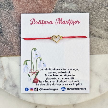 Bratari Martisor - Bratara Martisor cu inimioara aurie si snur rosu ajustabil