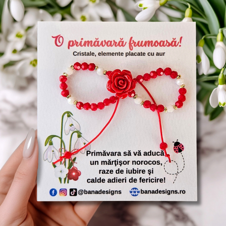 Bratari pentru EA - Bratara martisor cu trandafir, cristale rosii si margele texturate placate cu aur de 18K