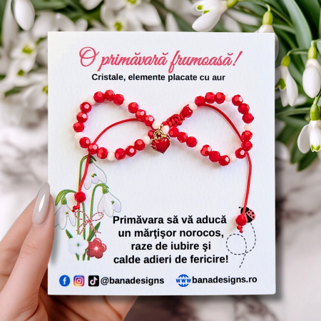 Bratari Martisor - Bratara Martisor cu inimioara rosie emailata, cristale rosii si albe