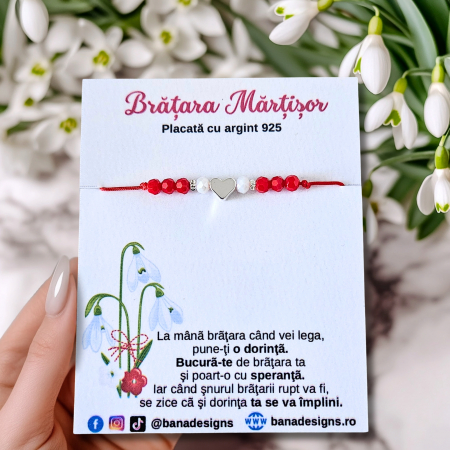 Bratari Martisor - Bratara Martisor cu inimioara si cristale rosii si albe, placata cu argint