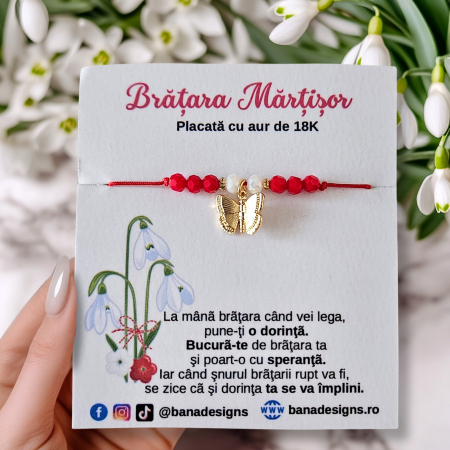 Bratari Martisor - Bratara Martisor cu fluturas si cristale rosii si albe, placata cu aur