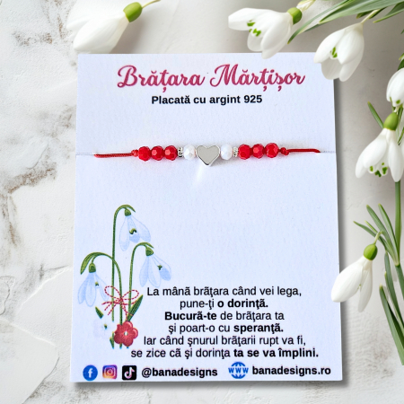 Bratara Martisor cu inimioara si cristale rosii si albe, placata cu argint [2]