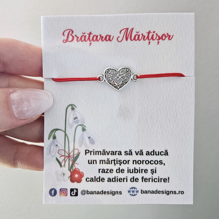 Bratari Martisor - Bratara Martisor cu inimioara filigranata si snur rosu ajustabil