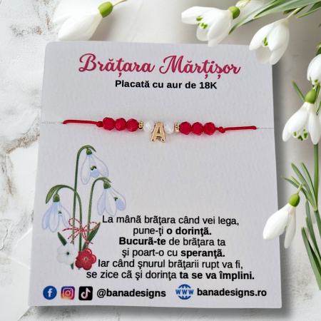 Bratara Martisor cu initiala si cristale rosii si albe, placata cu aur [5]
