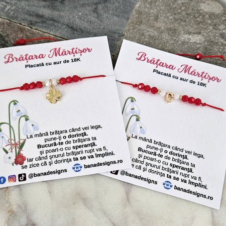 Bratara Martisor cu initiala si cristale rosii si albe, placata cu aur [4]
