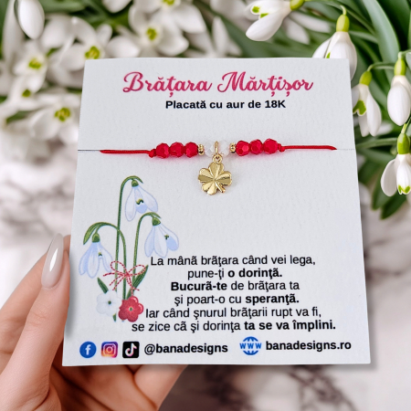 Bratari Martisor - Bratara Martisor cu trifoi si cristale rosii si albe, placata cu aur