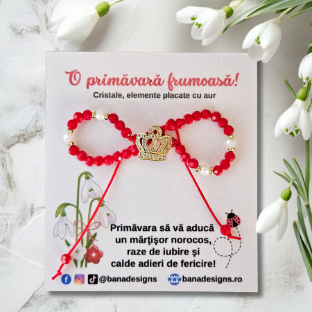 Bratari pentru EA - Bratara martisor coronita, cristale rosii si margele texturate placate cu aur de 18K