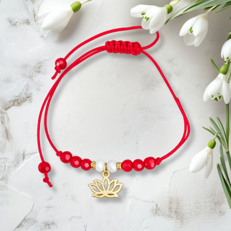 Bratara Martisor cu lotus si cristale rosii si albe, placata cu aur [1]