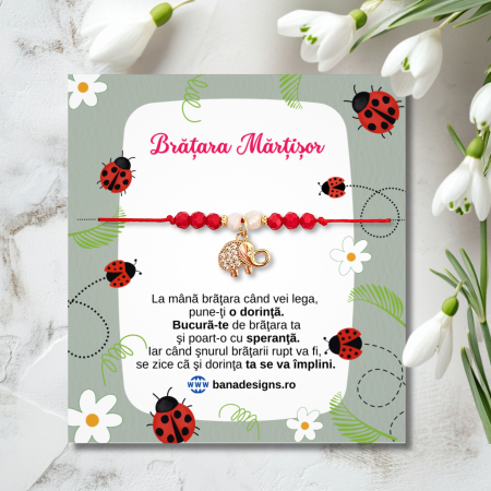 Bratara Martisor cu Elefant Norocos Placat cu Aur și Cristale Roșii și Albe Cubic Zirconia [1]