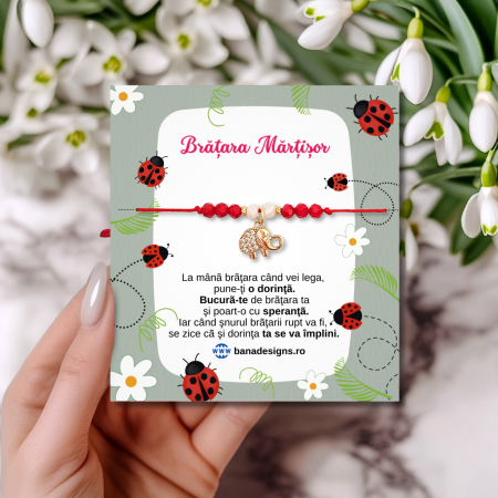 Martisoare - Bratara Martisor cu Elefant Norocos Placat cu Aur și Cristale Roșii și Albe Cubic Zirconia