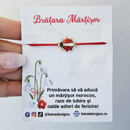 Bratari Martisor - Bratara Martisor cu buburuza emailata rosie cu auriu si snur rosu ajustabil