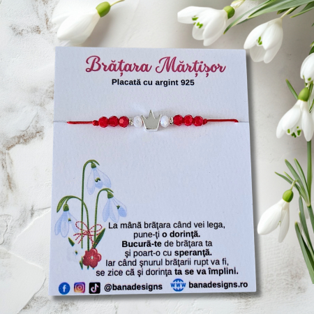 Bratari Martisor - Bratara Martisor cu coronita si cristale rosii si albe, placata cu argint