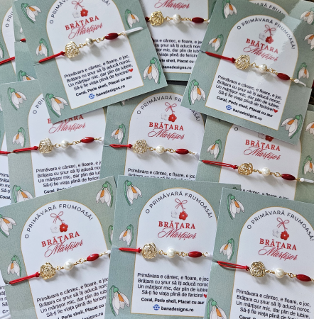 Bratara Martisor cu perla shell, coral rosu si trandafir placat cu aur de 18K [4]