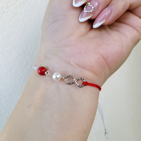 Martisoare - Bratara Martisor, cu perla shell pearl, coral rosu si infinit placat cu platina