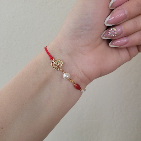 Bratara Martisor cu perla shell, coral rosu si trandafir placat cu aur de 18K [1]
