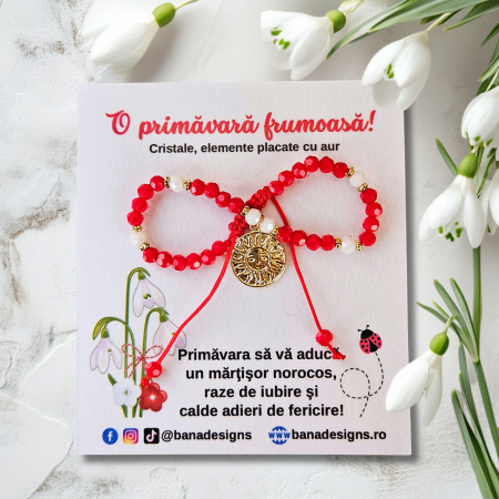Bratari pentru EA - Bratara martisor cu soare, cristale rosii si margele texturate placate cu aur de 18K