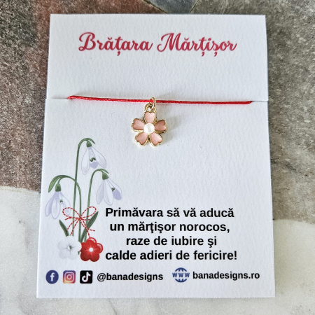 Bratara Martisor cu floare emailata roz si perluta, snur rosu ajustabil [1]