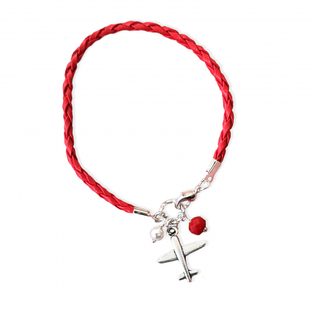 Bratara martisor cu snur impletit rosu, charm avion si perlute [2]