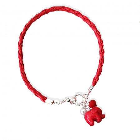 Bratari Martisor - Bratara martisor cu snur impletit rosu, charm elefant rosu si perlute