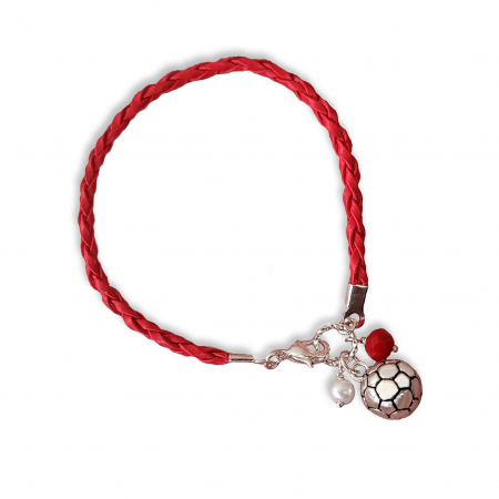 Martisoare - Bratara martisor cu snur impletit rosu, charm minge de fotbal si perlute