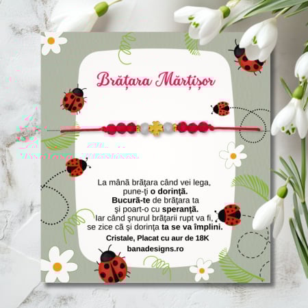 Bratari - Bratara Martisor cu trifoi si cristale rosii si albe, placata cu aur