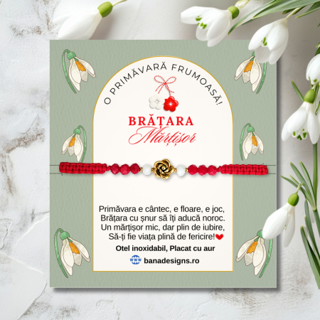 Bratari Martisor - Bratara Martisor cu floare 3D placata cu aur 18K, margele cristal alb rosu, snur macrame rosu, martisor elegant cadou primavara