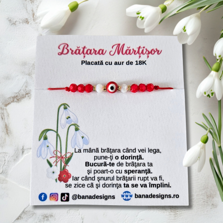 Bratari Martisor - Bratara Martisor cu ochi protector si cristale rosii si albe, placata cu aur
