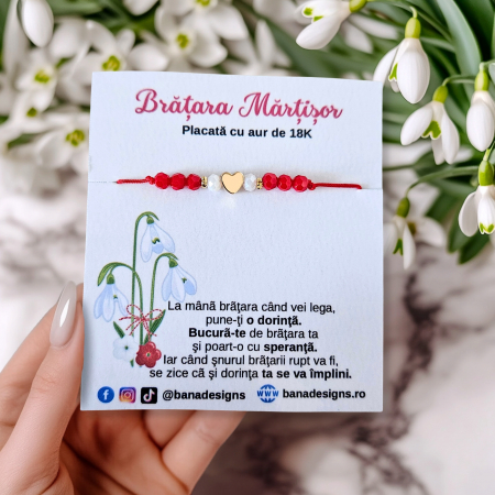 Bratari Martisor - Bratara Martisor cu inimioara si cristale rosii si albe, placata cu aur