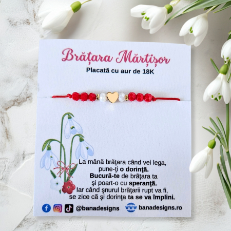 Bratara Martisor cu inimioara si cristale rosii si albe, placata cu aur [2]